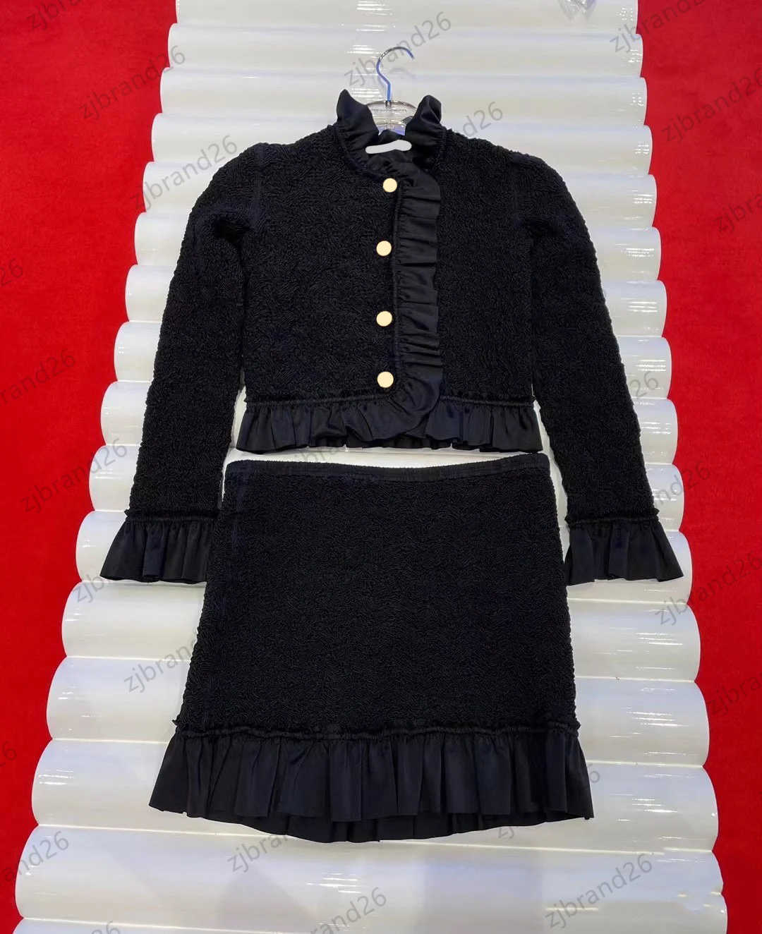 

Designer Womens Two Piece Dress Ruffled Hem Horn Sleeve Metal Button Short Jacket Tops High Waist Slim Skirt Luxury Aristocratic Style Women Clothes