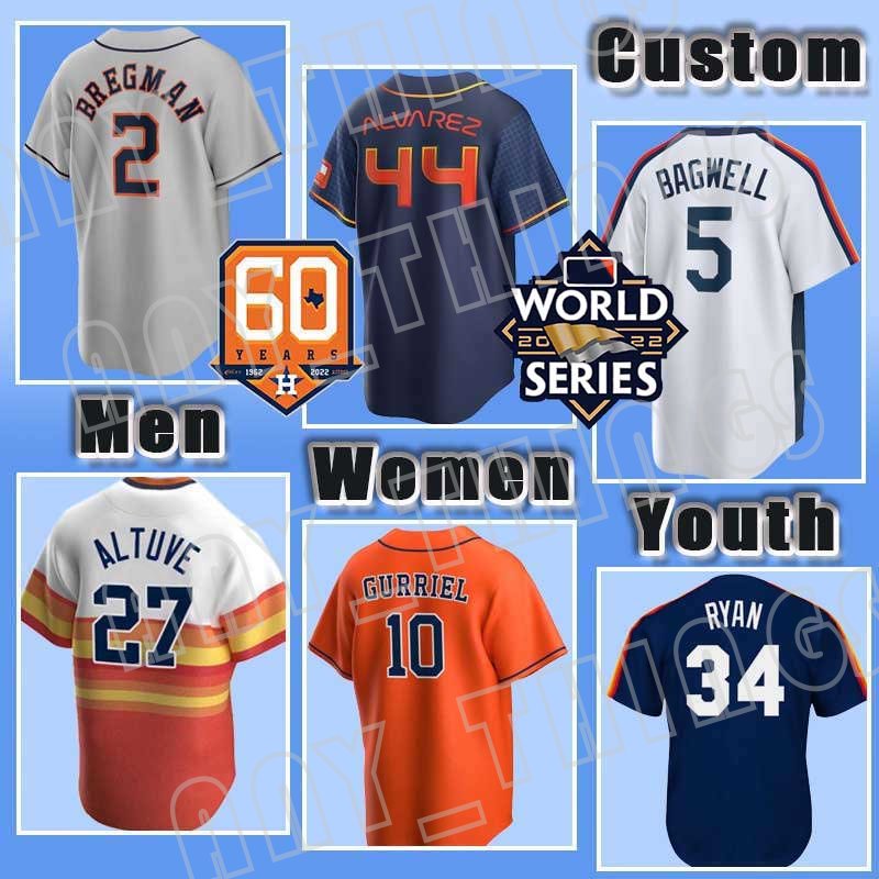

2 Alex Bregman Baseball 5 Jeff Bagwell 27 Jose Altuve Astros Yordan Alvarez 2022 World Series Jersey Jeremy Pena Kyle Tucker Framber Valdez Nolan Ryan Yuli Gurriel, Men custom cool base+60 patch(t k r)