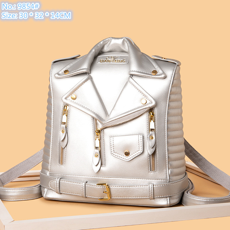 

Wholesale factory ladies shoulder bags 4 colors street trend leather punk backpack sweet and lovely clothes fashion handbag double zipper messenger bag, Silver-9854#