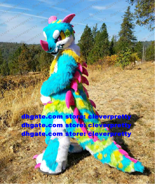 

Long Fur Furry Colorful Dragon Fursuit Mascot Costume Adult Cartoon Character Outfit Suit Large Family Gathering High Street Mall zz7586, As in photos