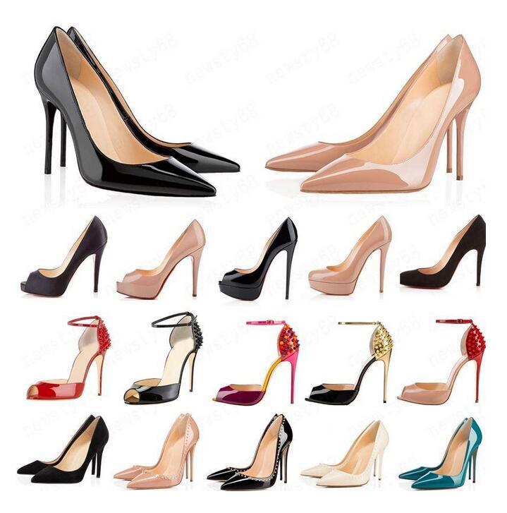 Red-Bottoms Shoe chrétiens mode hauts talons pour les femmes de fête de fête triple noir nude jaune rose paillettes pointes pointues orteils pum