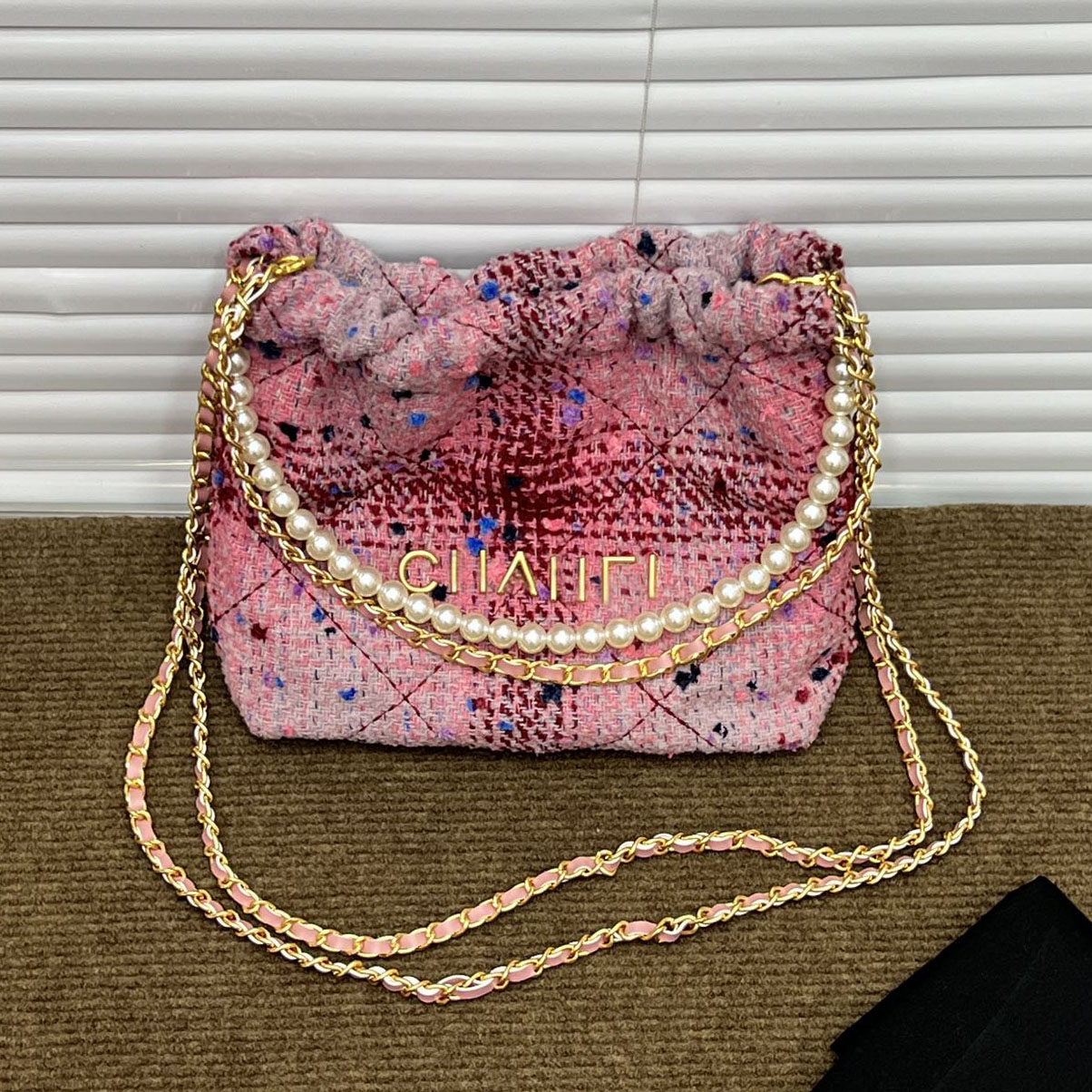 

Womens Pink Pearl Bracelet Tweed 22 Shopping Bags Classic Quilted Gold Coins Hardware Chain Matelasse Shoulder Cross Body Outdoor Large Capacity Handbags 22x22x8C, Box