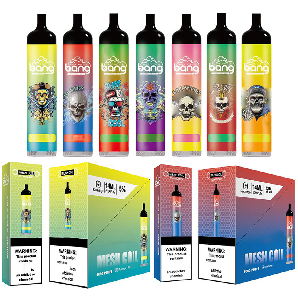 

Bang 6000 Puffs Disposable E cigarettes 850mAh Rechargeable Battery Vaporizer 14ml Pre Filled Mesh Coil Pods Cartridge vape vs puff 2800 1600 800 elves 5000