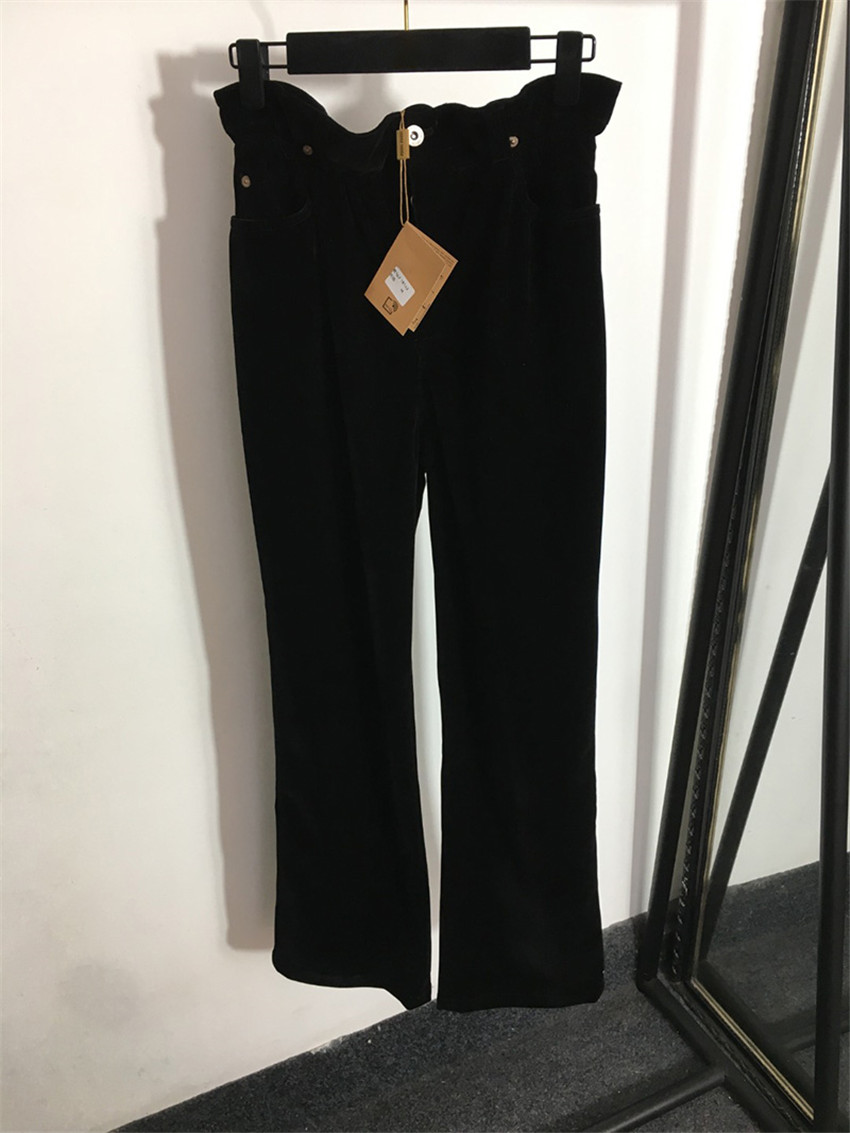 

Velour Womens Pants Black High Rise Straight Leg Trousers INS Fashion Wooden Waist Pants, Black with label#20226554