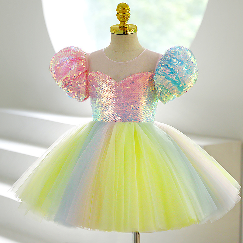 2023 Paillettes Fleur Filles Robes pour Mariage Hors Épaule Cap Manches coloré Première Communion Robe Enfants Robe De Bal Filles Pageant Robes