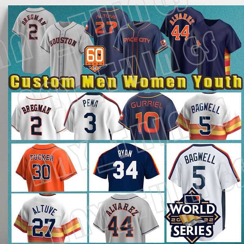 

5 Jeff Bagwell Baseball 7 Craig Biggio Astros Nolan Ryan 2022 World Series Jersey Houston Yuli Gurriel Jeremy Pena Kyle Tucker Alex Bregman Yordan Alvarez Valdez, Custom men retro+60 patch(t k r)