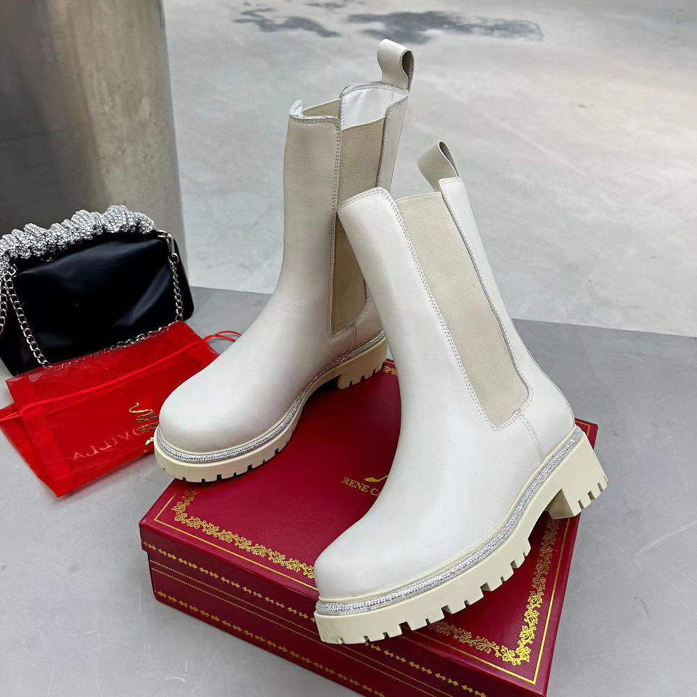 

Designer Half Boots Leather Shoes Martin Short Boot Motorcycle boots Black rhinestone Wraparound fashion Rubber Chunky Low Heel Luxury Brands For Women shoe, White