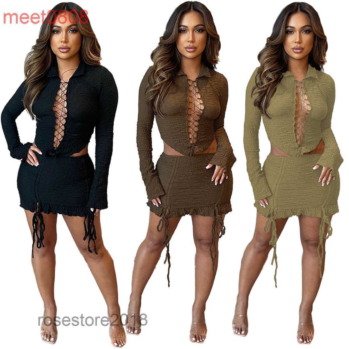 

Women's 2 piece dress Webbing Tight Top Pleated Lace-up Skirt Suit meet0808, Black