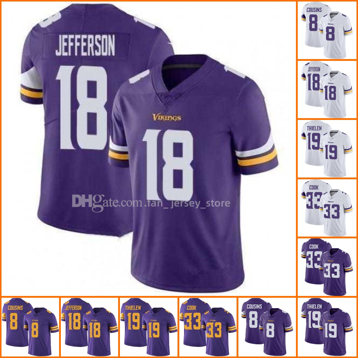 

Football Jerseys Men women youth Minnesota''Vikings''19 Adam Thielen 8 Kirk Cousins 18 Justin Jefferson 33 Dalvin Cook Limited Jersey Wholesale Custom, Color