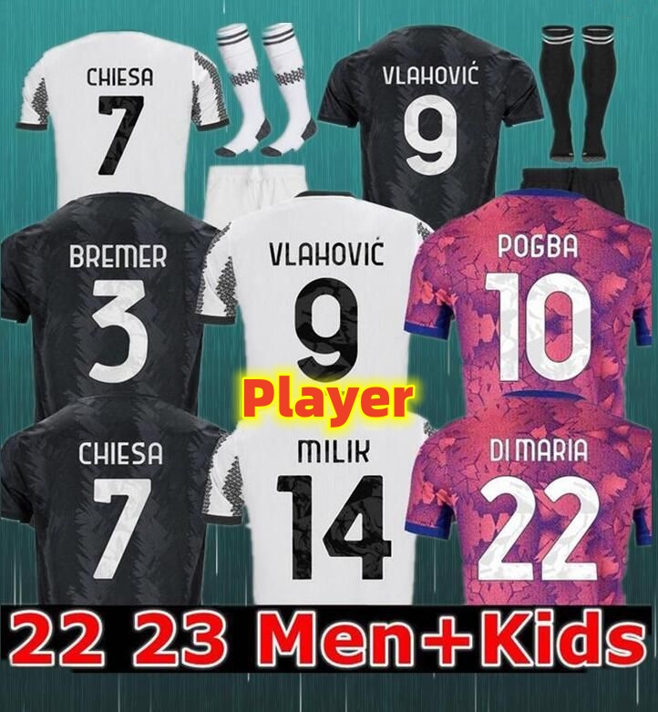22 23 Jerseys de football Pogba di Maria Bonucci Vlahovic McKennie 2022 2023 Shirt Football Pellegrini Men Kids Jersey Chiesa Arthur Maillot Fans