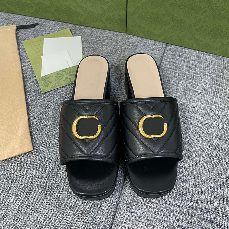 

Slippers Women Sheepskin Slippers High Heels Shoes Metal Double Letter Travel Sandals Solid Color Non Slip Slippers, Blue (with box)