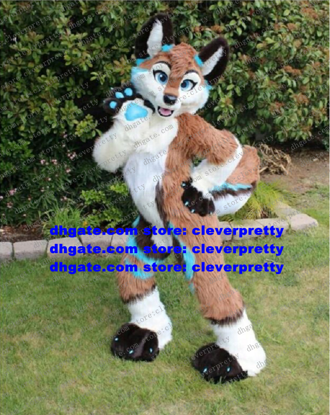 

Brown Long Fur Furry Fox Mascot Costume Husky Dog Wolf Fursuit Adult Cartoon Character Outfit Suit Ribbon Cutting Cere Farewell Dinner zz7577, As in photos