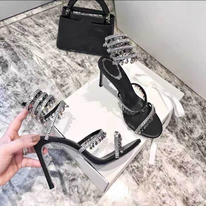 

Sandals Twining Womens Shoes Sandal Luxury Designer Crystal Lamp Pendant Rhinestone Foot Ring High Heeled Narrow Band 10Cm Heel Rene, Black