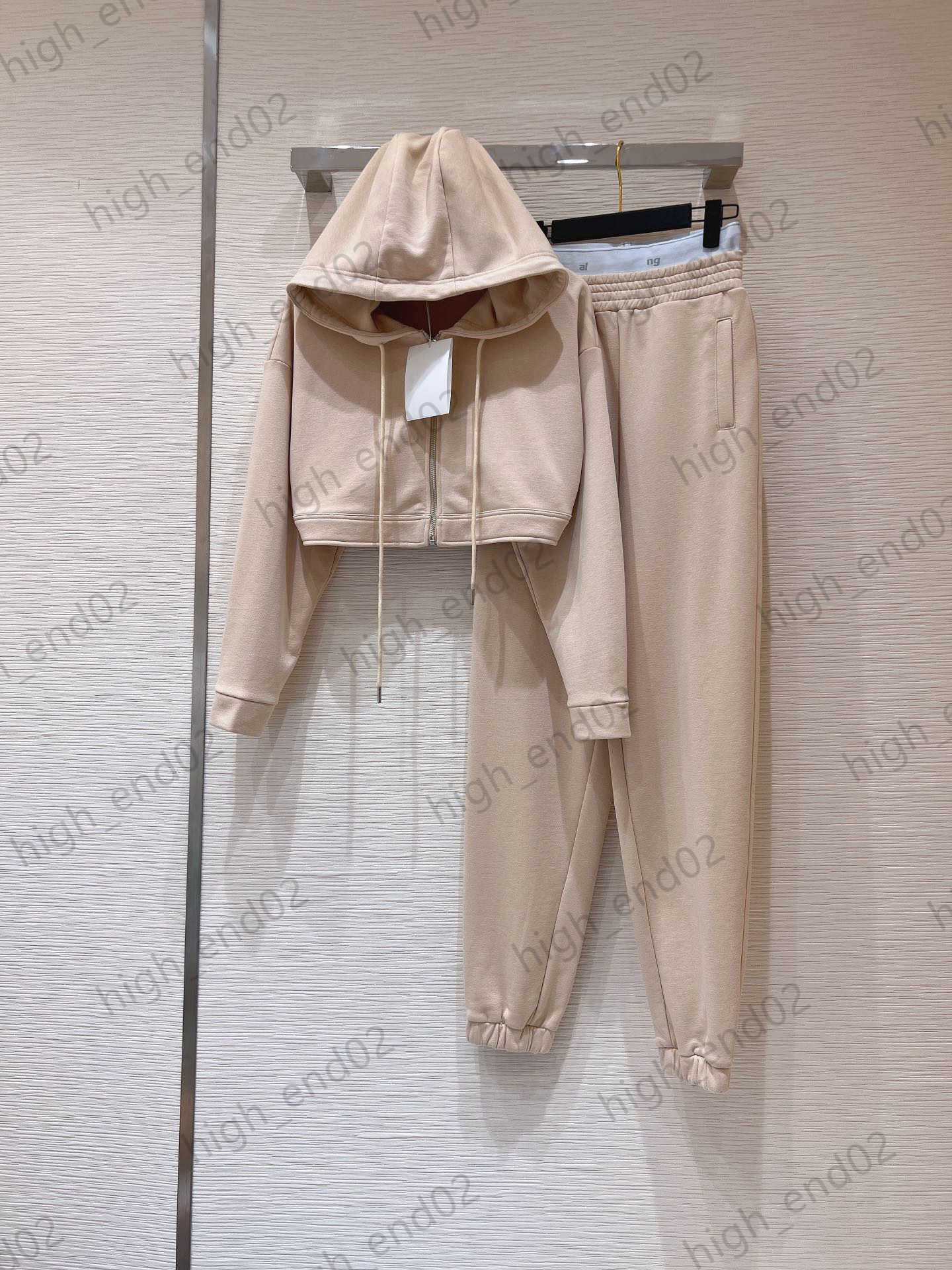 

Womens Two Piece Pants Fashion Capable Tracksuites Thick Stiff Fabric Short Solid Color Hooded Jacket Coat Stitching Ribbon High Waist Trousers Women Apparel