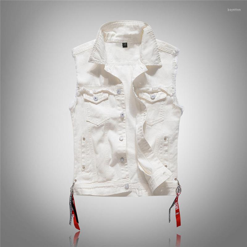 

Men's Vests Men's Fashion Casual White Sleeveless Vest High Quality Denim Jacket Street Punk Style Multiple Size Options