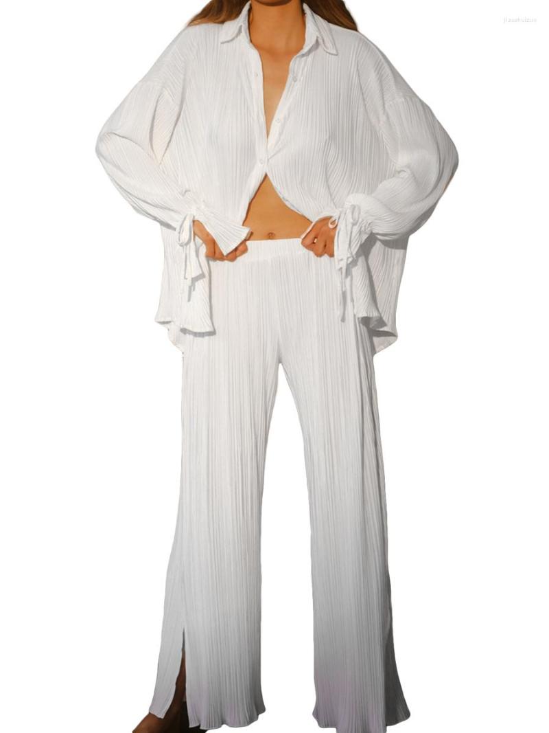 

Women' Two Piece Pants Women Pleated 2 Lounge Set Button Down Loose Shirt Top Casual Wide Leg Tracksuit Outfits, Chic blue