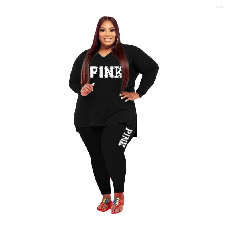 

Tracksuits -5XL Fall 2022 Plus Size Women Clothing Two Piece Set Fashion Long Sleeve V Neck Top And Pants Print 2 Suit Outfit, Black