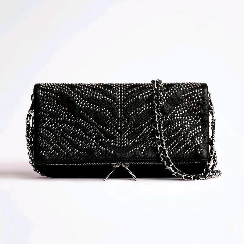

luxury Women Shoulder Bag Fashion Ladies Evening Bags Genuine Leather crossbody tote chain bag Woman handbags hot fix rhinestone Design, Black