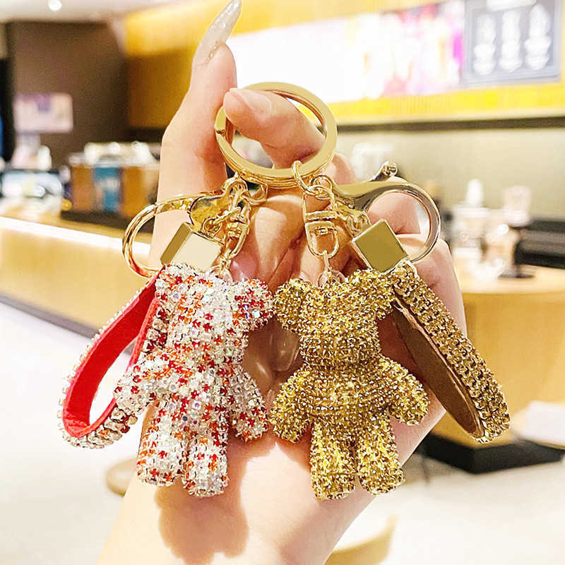 

Keychains Fancy Strass Rhinestone Diamond Bear Animal Keychain Leather Strap Car Key Chain Bag Pendant Llaveros Para Mujer G221026