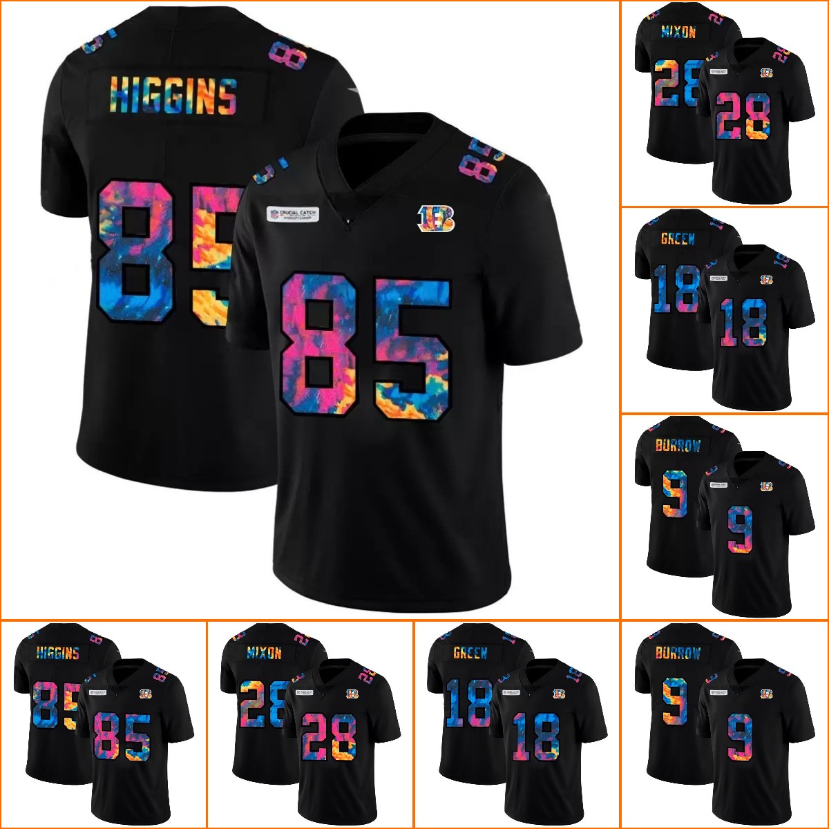 

Jersey Wholesale Custom Cincinnati''Bengals''Men #9 Joe Burrow 28 Joe Mixon 85 Tee Higgins 18 A.J. Green Multi Color Black Crucial Catch Women Youth Limited, 11