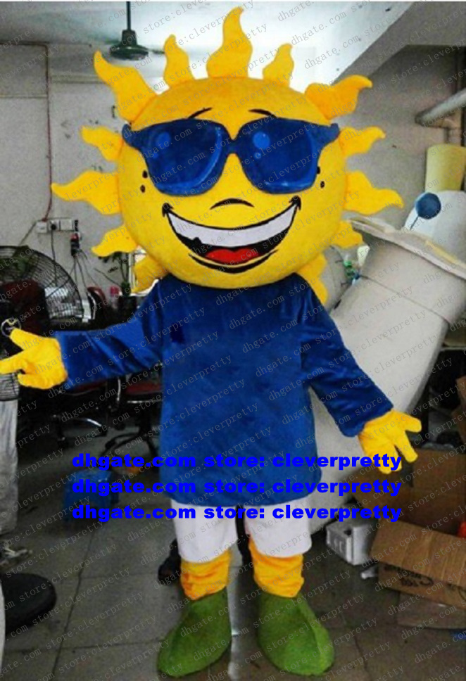 

Handsome Yellow Sun Mascot Costume With Blue Sunglasses Adult Cartoon Character Outfit Suit Appreciation Banquet Community Activities No.6972, As in photos