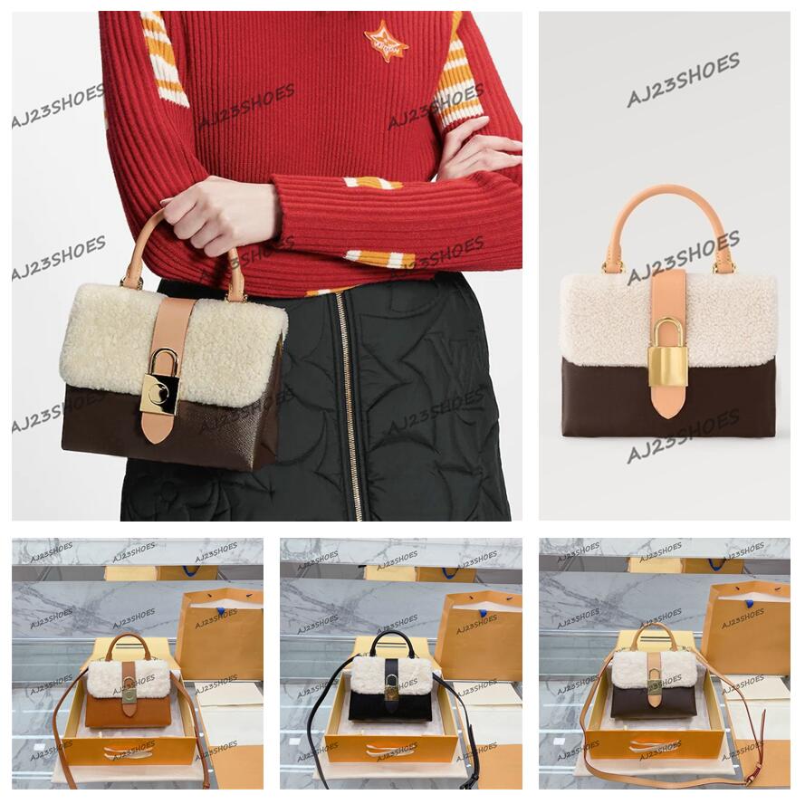 

M46318 Locky BB Bags Furry Womens handbags cream-coloured shearling accented with an golden padlock women Totes, 01