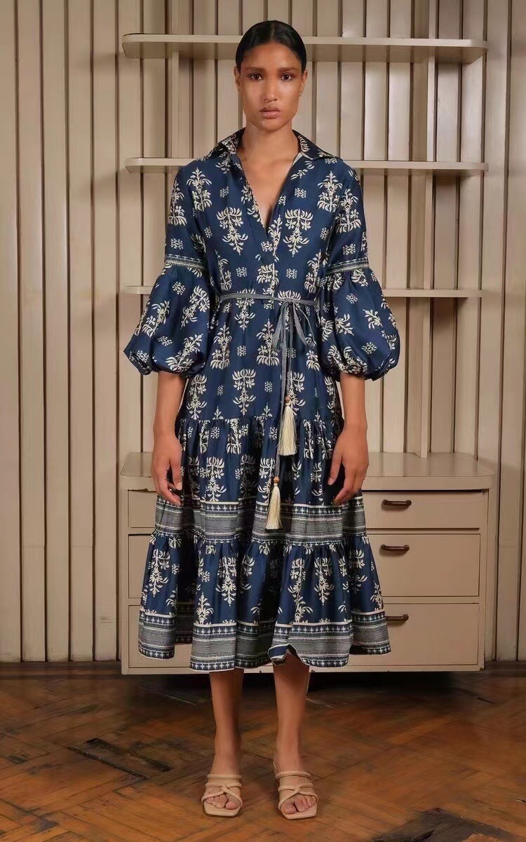 

Casual Dresses 2022 European designers design new autumn V-neck cotton blue print dress, Multi