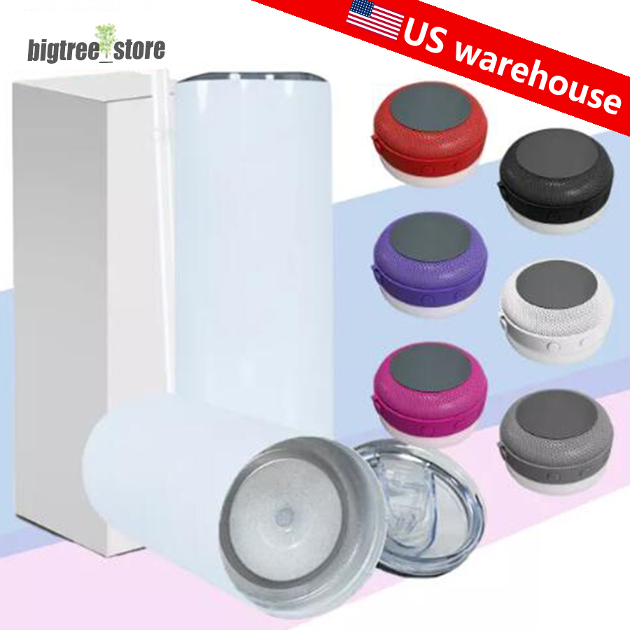 

US warehouse Small Pack 20oz Sublimation Bluetooth Speaker Tumbler 9pcs Blank Design Cup White Portable Wireless Speakers Travel Mug Smart Music Cups Straw, Mix color(9pcs)