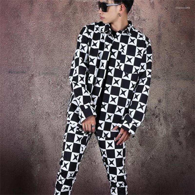 

Men's Casual Shirts Shirt Set Mens Matching Black And White Check Print Trendy Nightclub Singer Stage Dance Pants