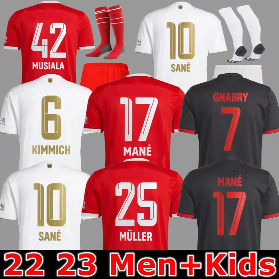 Bayern Munich Soccer Jerseys 22 23 Gravenberch Sane de Ligt Muller Davies Kimmich Football Top Shirts Men Kids Kit Coman 2022 2023 Fans uniformes