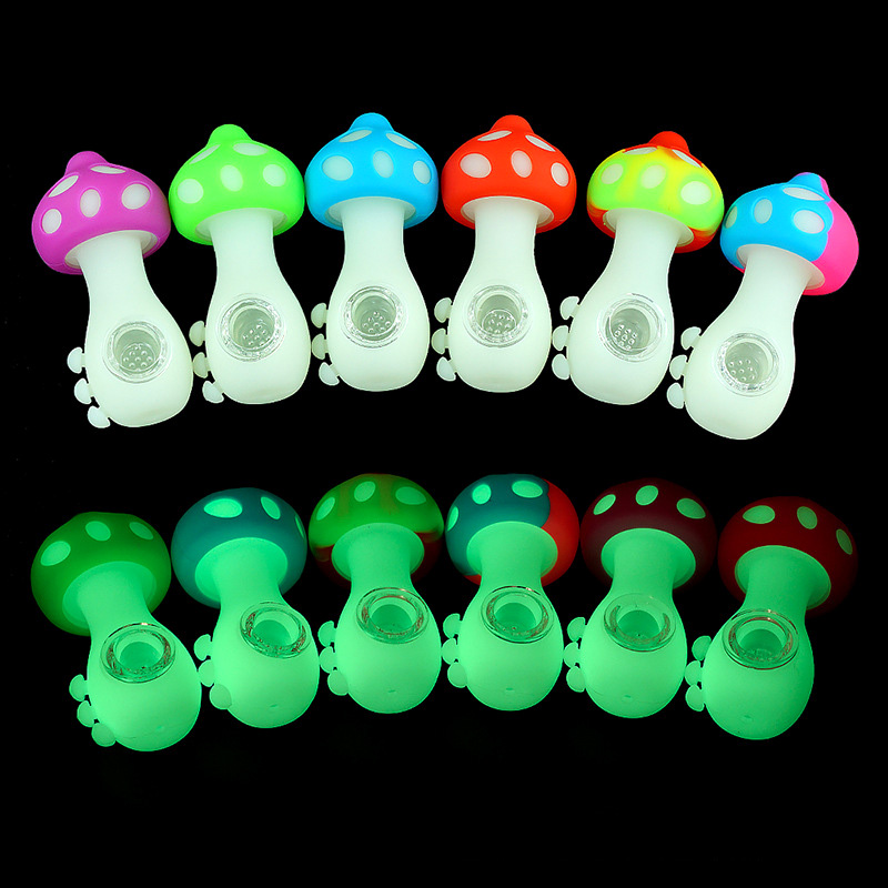 

4.3inch Mushroom Hand Pipes With Glass Bowl Glow In Dark Colored Food Grade Unique Silicone Tobacco Spoon Pipe Dab Rig Water Bongs