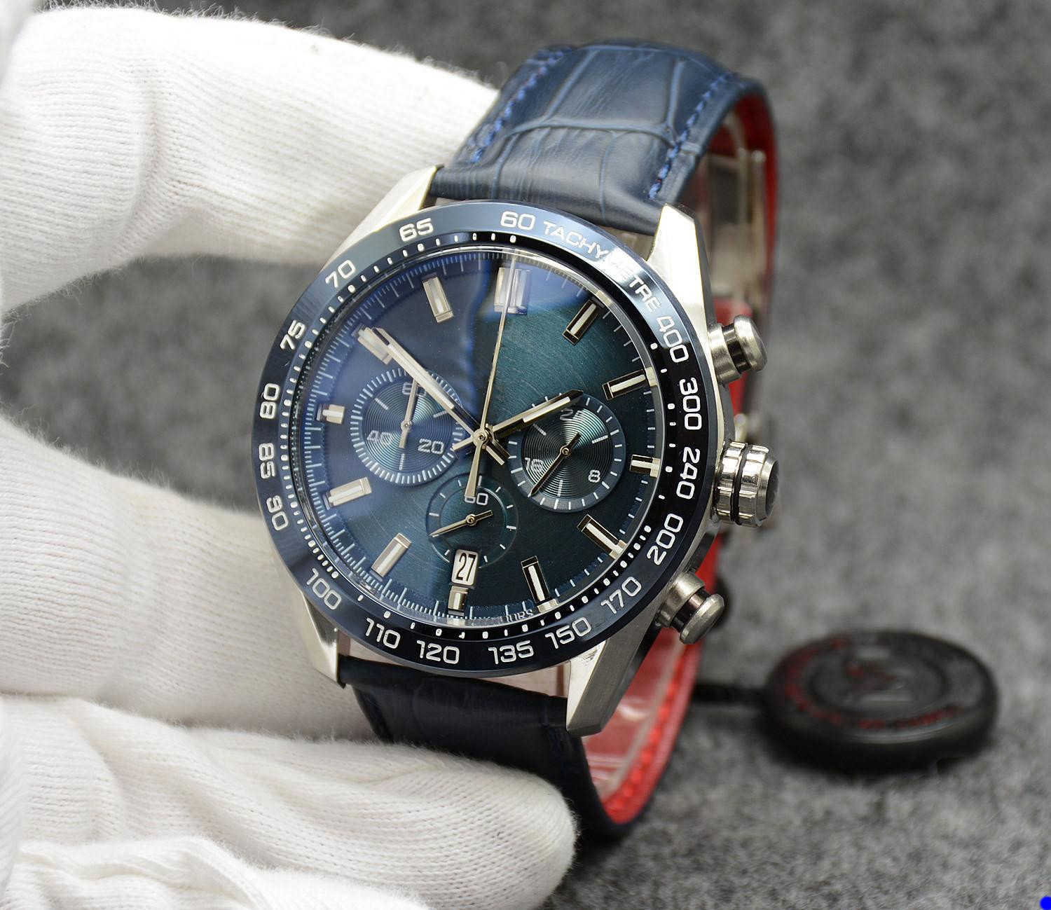 

High Grade Watch 44MM Quartz Chronograph Battery Power Mens Watches Stainless Steel Bracelet Gold Black Dial Strap Floding Case gift