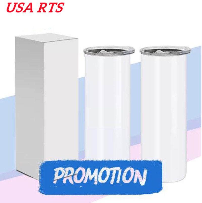 

USA RTS Blank Sublimation Tumbler 20oz STRAIGHT skinny tumbler Straight Cups Stainless Steel Beer Coffee Mugs Rubber bottom Local Warehouse, White