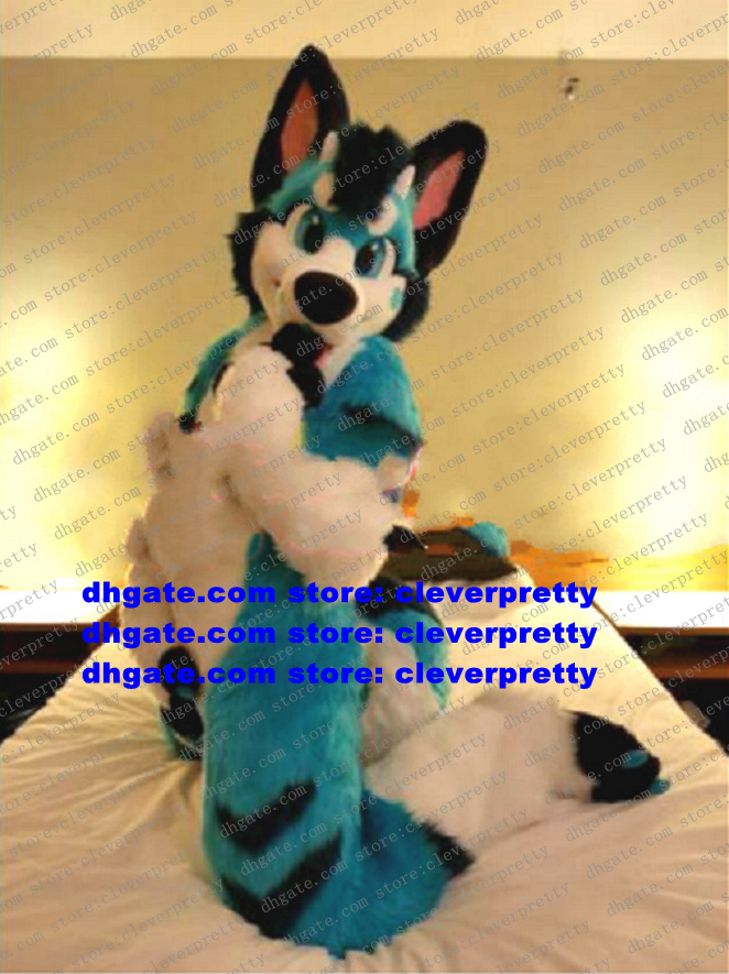

Blue Long Fur Furry Mascot Costume Husky Dog Fox Wolf Fursuit Adult Cartoon Character Outfit Suit Put On Nice Company Promotion zz7579, As in photos