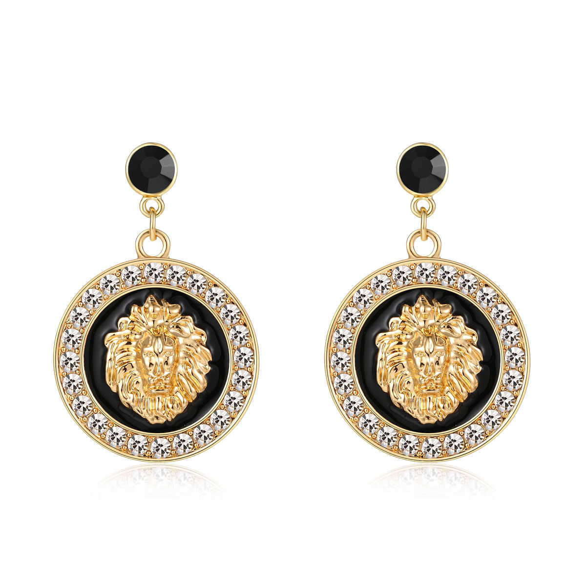 

Hip Hop Lion Head Charm Stud Earrings Gold Color Alloy Crystal Black Enamel Basketball Wives Costume Jewelry