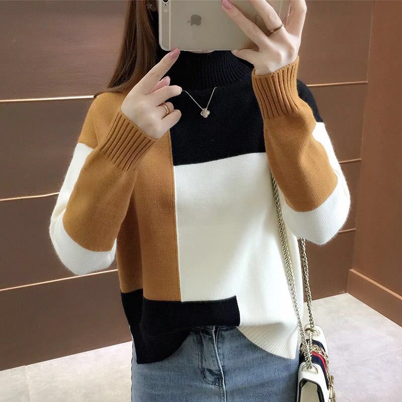 Patchwork Pullover Pullover Sweater Automne Loose O cou mande à manches longues tricot coréenne à la mode coréenne Pull de pull femelle