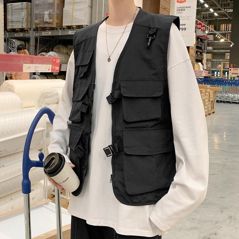 

Men' Vests Men Harajuku Coat Spring And Summer Vest 2022 Solid Color Pockets Zipper Button Hip Hop Korean Black Streetwear -3XL