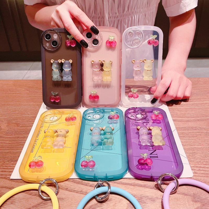 3D bricolage mignon dessin animé ours étuis en silicone antichoc clair souple coque arrière de protection avec bracelet pour iphone 14 plus 13 12