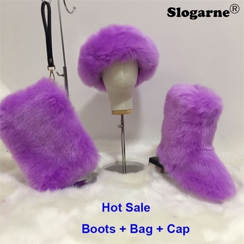 

Boots Faux Fur Bag Cap Hat Winter Fashion Sets Female Luxury ry Snow Plush Warm Shoes Fluffy Bottes 221026, White