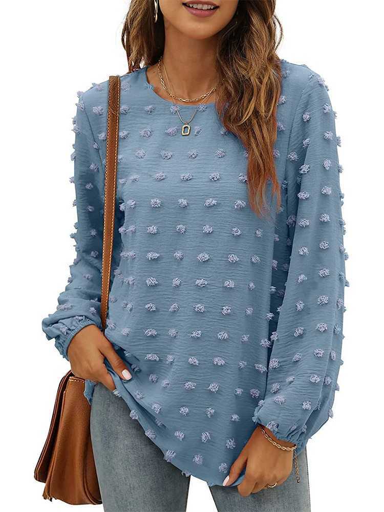 Blouses à manches longues pour femmes 2022 mode Jacquard O cou chemises élégantes dame décontracté surdimensionné en mousseline de soie Blouse ha