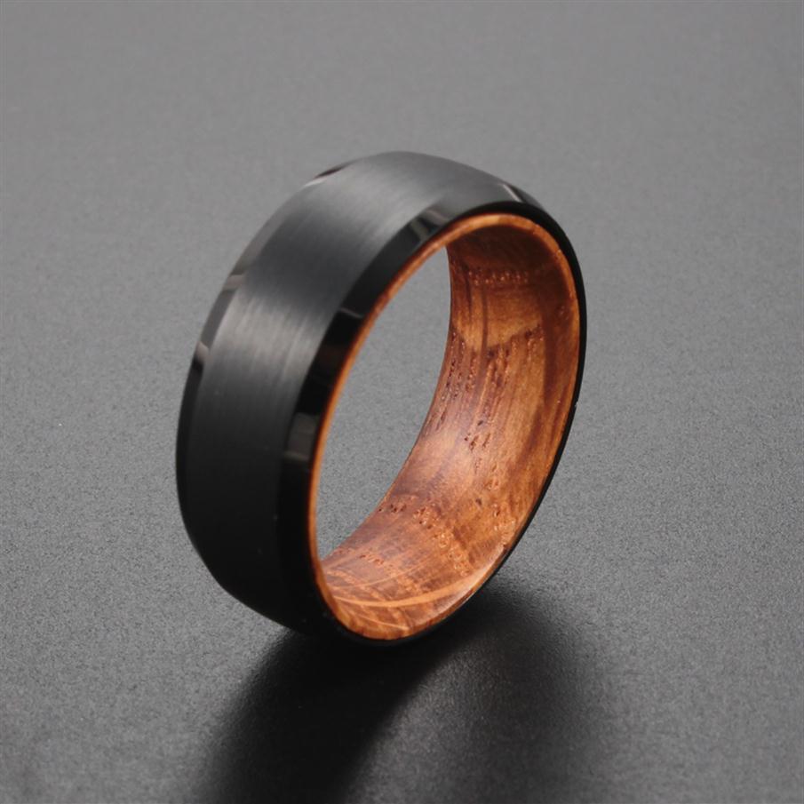 

8mm Black Tungsten Carbide Ring with Whiskey Barrel Wood Mens Wedding Band1973