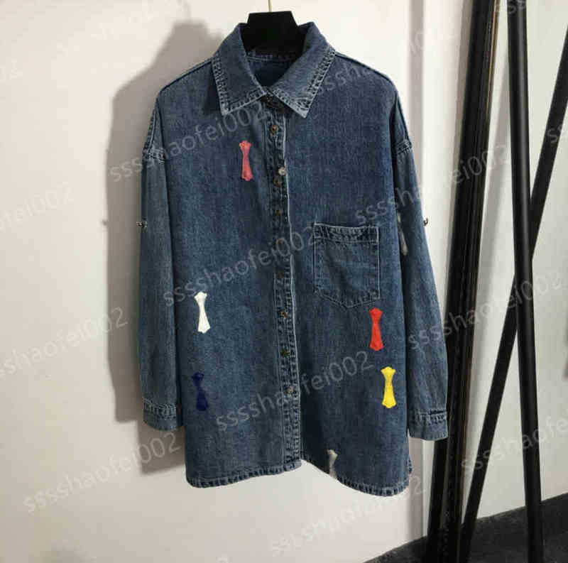 

Luxury Womens Embroidery Jackets Colorful Leather Cross Embroidery Versatile Denim Shirt Jacket Tops Designer Women Clothing 0912