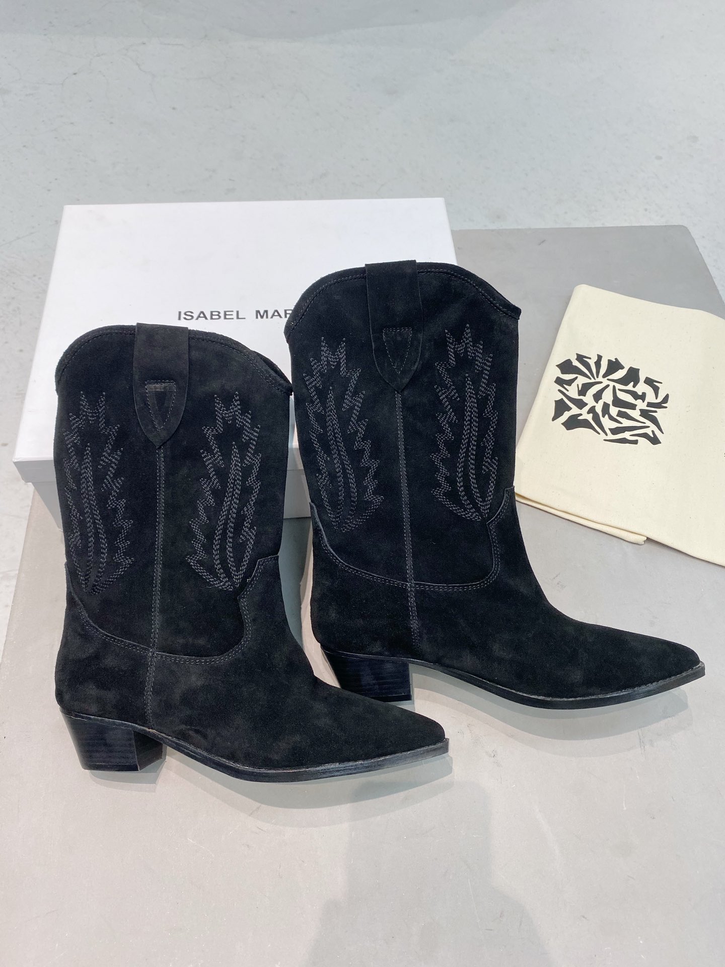 

Classic Isabel Boots Marant Dallin Suede Leather Western Cowboy Boots Black Embroidery
