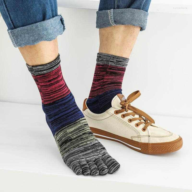 

Men's Socks 5 Pairs/Lot Retro Cotton With Toes Mens Autumn Winter Mid-tube Thick Harajuku Striped Sweat-absorbing Warm Split Toe, 5 pairs mixcolors