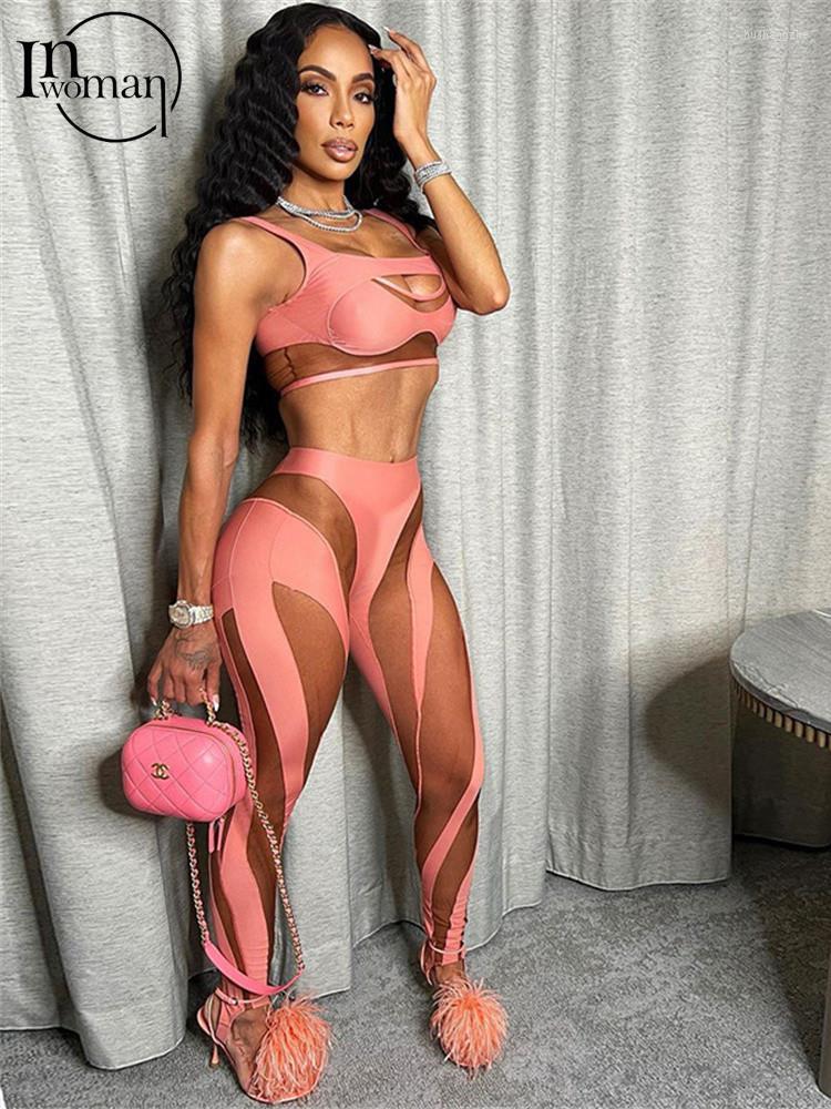 

Women' Two Piece Pants Inwoman Sexy Mesh 2 Peice Sets Women Summer Outfits 2022 Bodycon Crop Top And Black Pink Matching Tracksuit