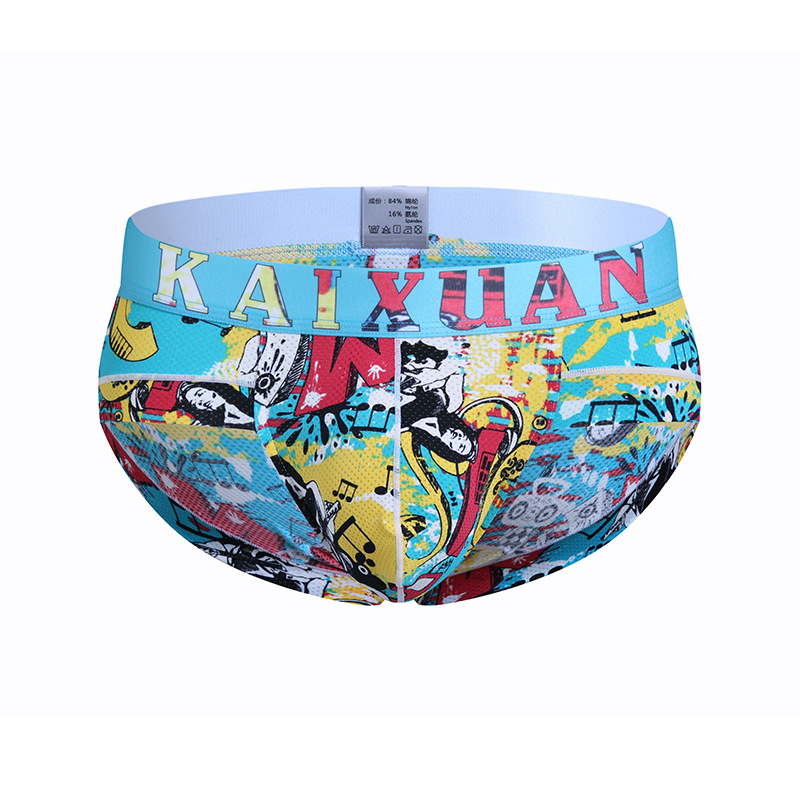 

Men's Underpants ice silk perforated holes printed underwear male hipster breathable briefs Nylon panties #1039SJ, Blue leaf