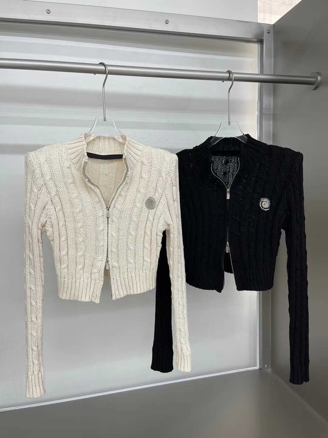 

Cardigan Womens Sweaters Stand Neck Wool Double Zipper Short Cardigans Bright Diamond Removable Pin Self-matching Shoulder Pads Knitted Shirt Women Clothes, 15 black