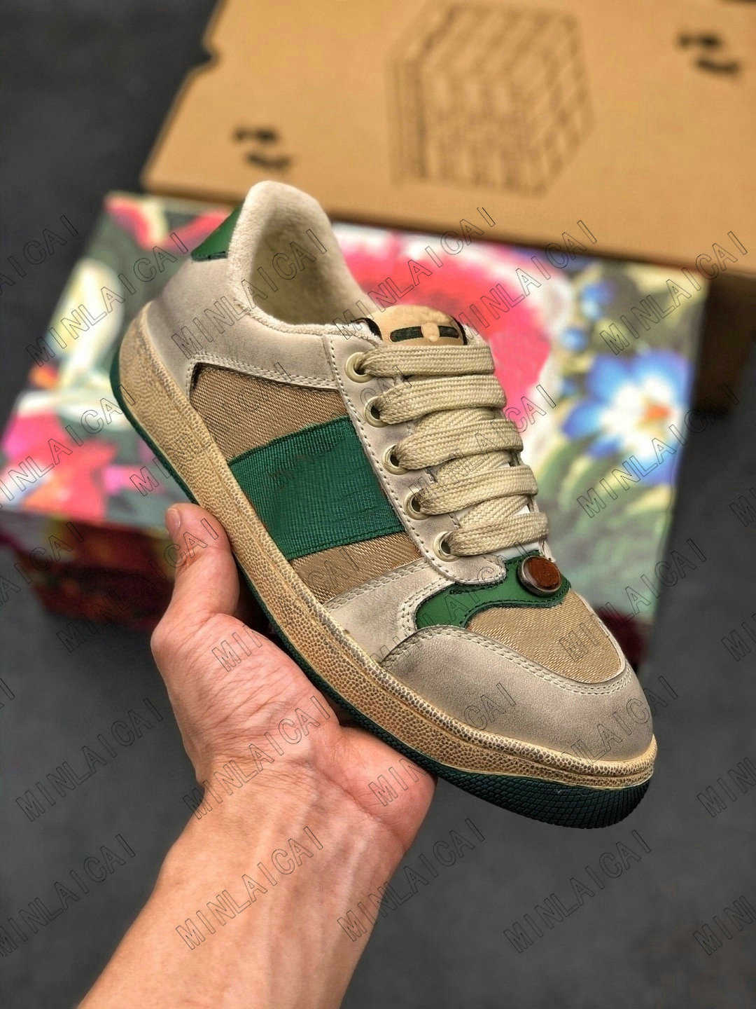 

Shoes Italy Men's Screener Embroidered Distressed Dirty Leather Ace Green Red Web Stripe Sneakers Designer Lace Up Low