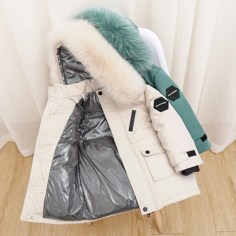 Real Fur White Duck Down Coats 2022 Winter Children Midi Length Down Jacket New Warm Kids Boys Thicken Coat Hooded Baby Snowsuit