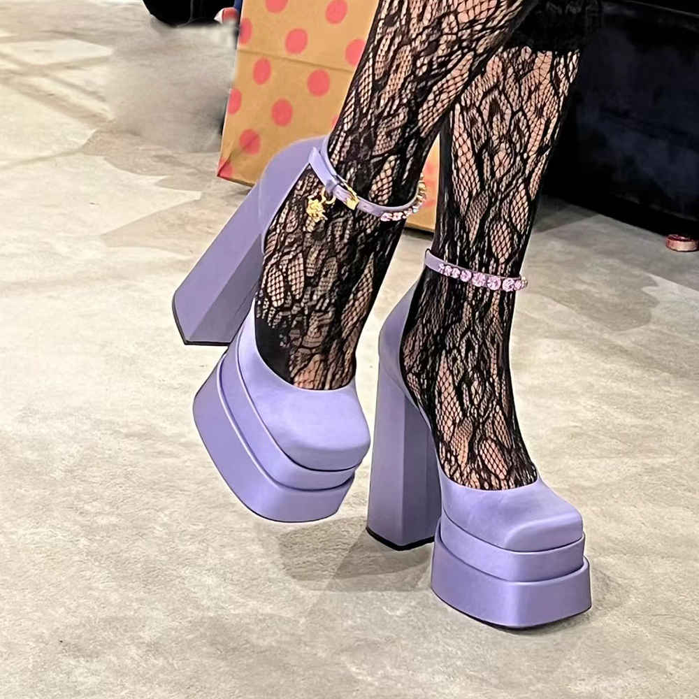 

Luxury Pink sandals waterproof platform high heel personalized satin catwalk design thick heel and double ankle strap decorated with rhinestones, 7#